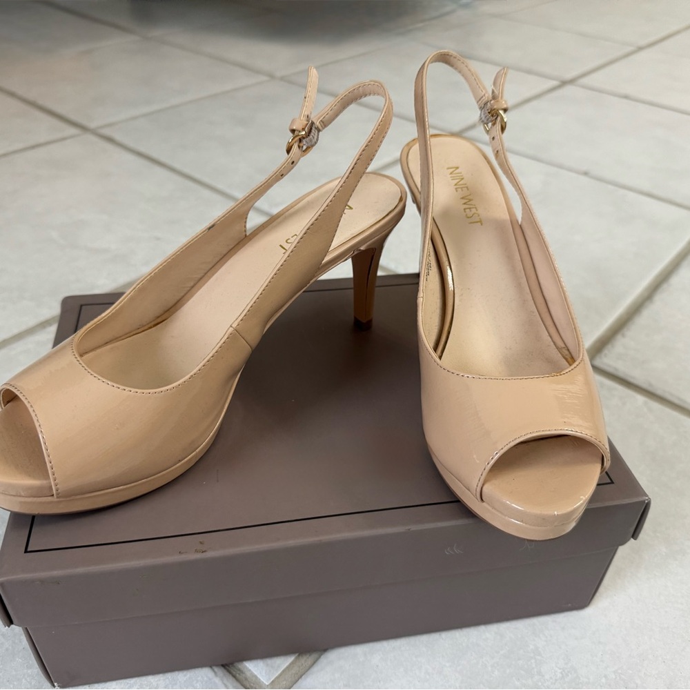 Nine West Tan Slingback Peep-Toe Heels